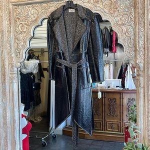 Faux leather shiny black and white lined wrap jacket trench coat